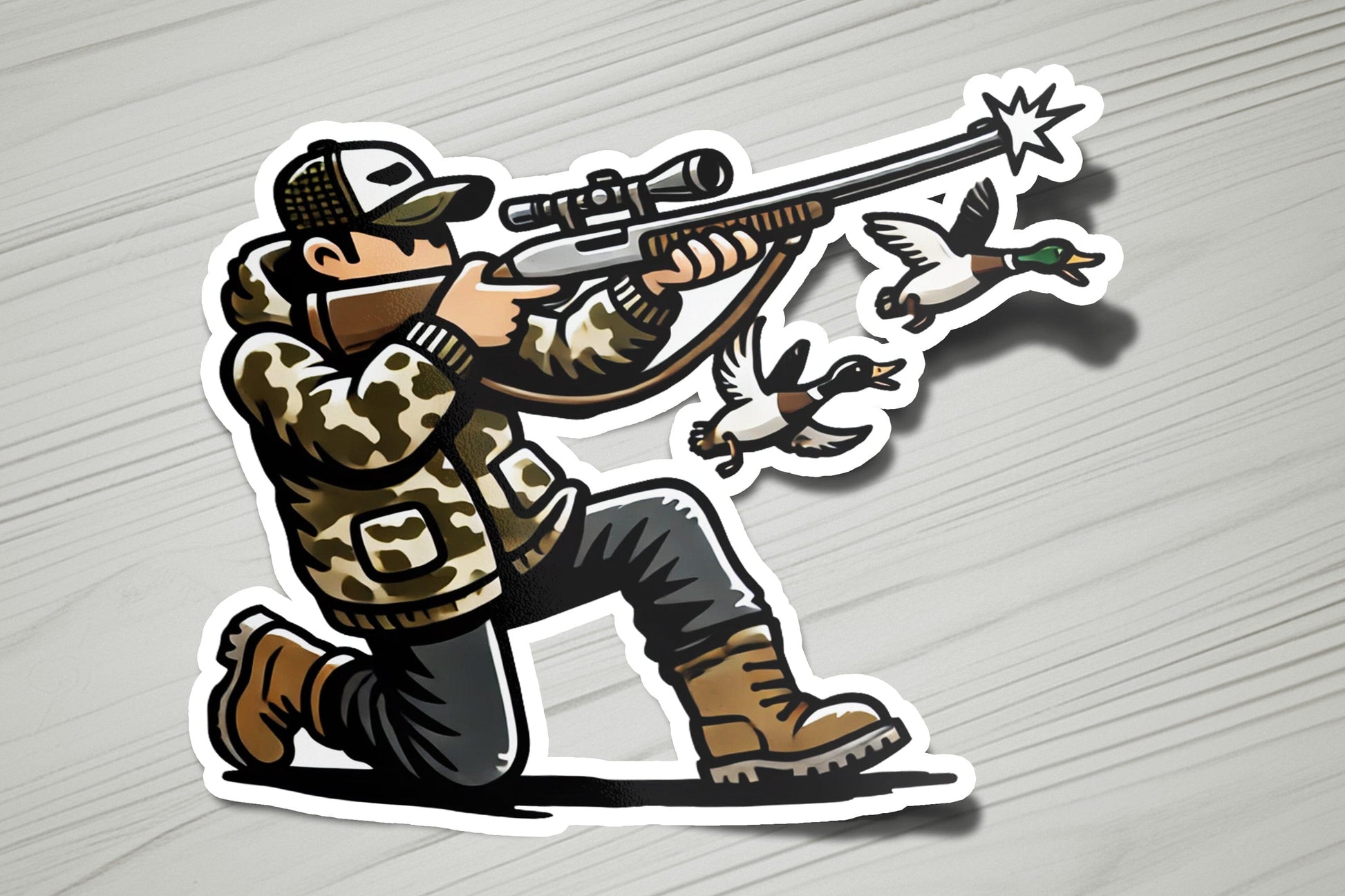 a sticker of a man shooting a bird with a rifle