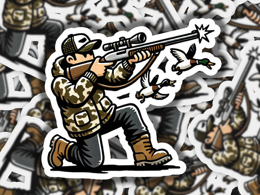 a sticker of a man shooting a bird with a rifle