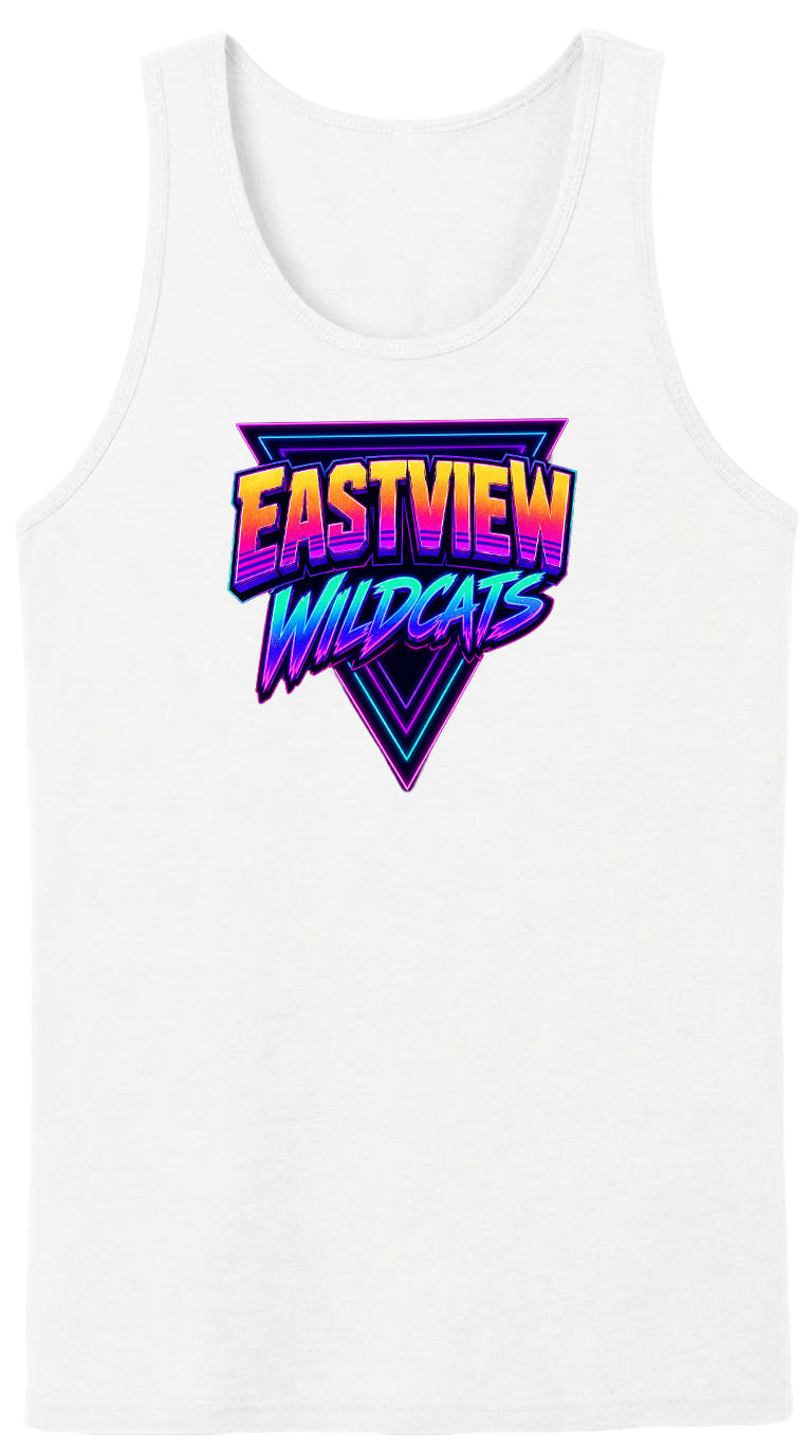 A white tank top with a graphic design featuring the text "EASTVIEW WILDCATS" in a retro, neon-style font.