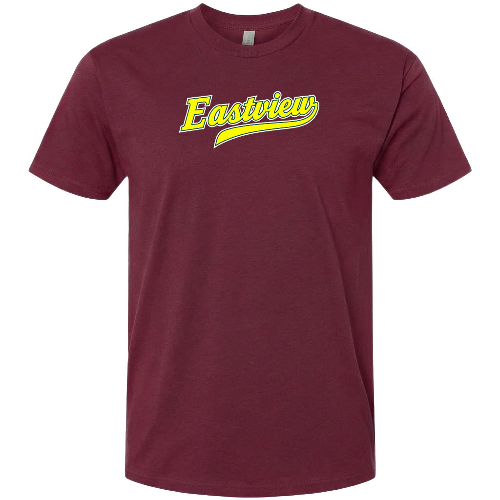 A burgundy-colored t-shirt with the word "Eastview" printed in yellow on the front.