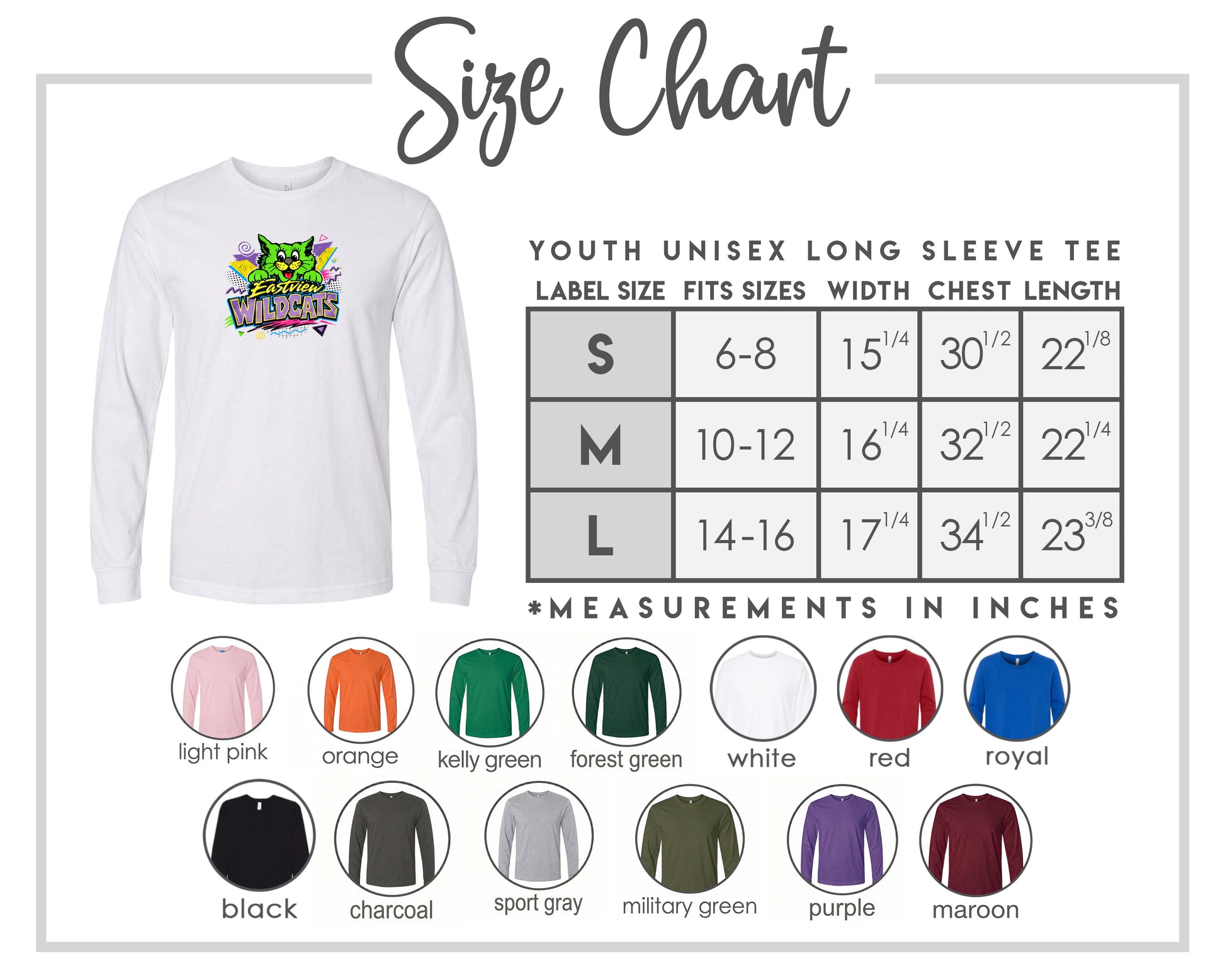 The image is a size chart for a youth unisex long sleeve tee, including various color options and corresponding measurements.