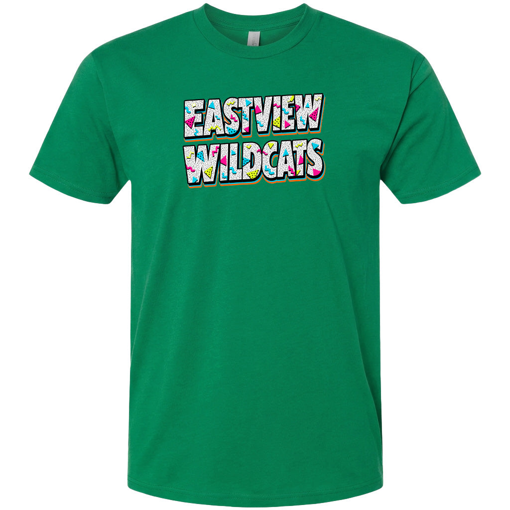 A green t-shirt with the text "EASTVIEW WILDCATS" printed on it.
