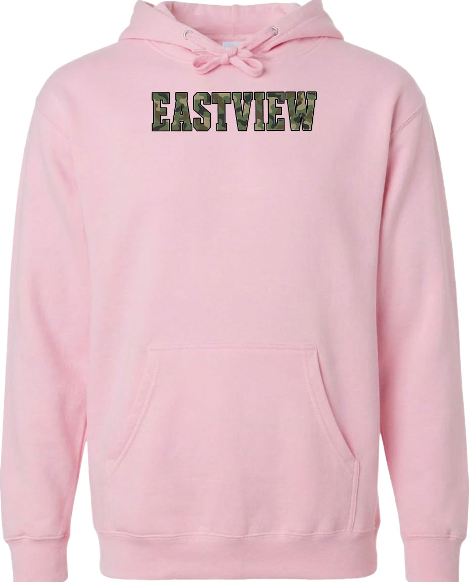 A pink hoodie with the word "EASTVIEW" printed on it.