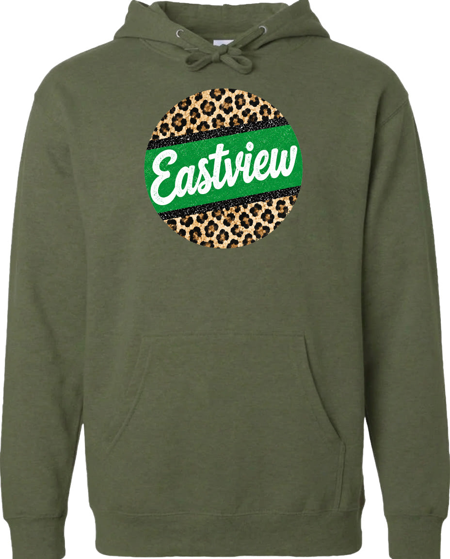 A green hoodie with a leopard print design and the word "Eastview" printed on it.