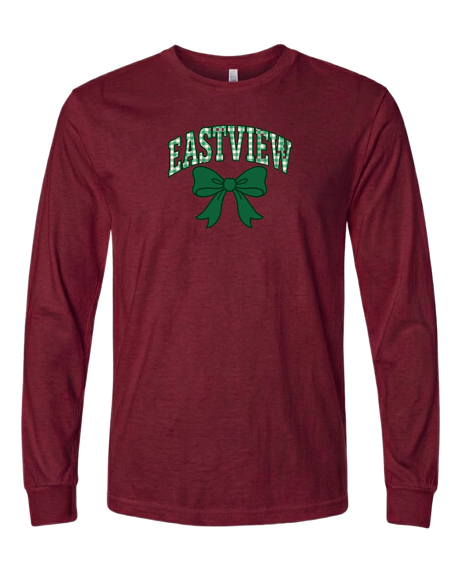 A burgundy long-sleeved t-shirt with a green bow and the word "EASTVIEW" printed on it.