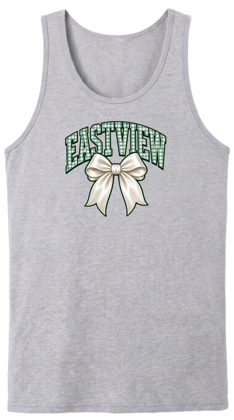 A gray tank top with a green and white graphic design featuring a large bow and the word "EASTVIEW" written above it.