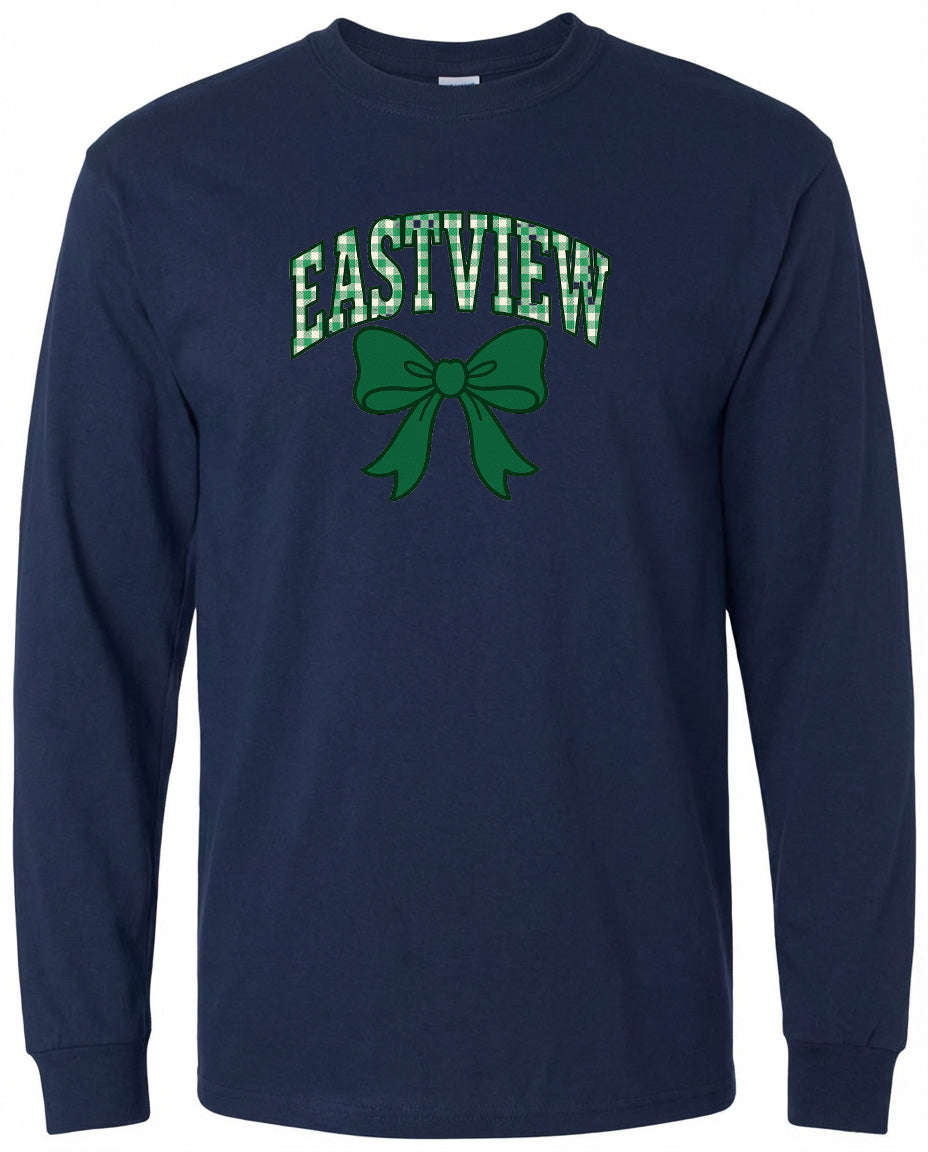 A navy blue long-sleeved shirt with a green bow and the word "EASTVIEW" printed on it.
