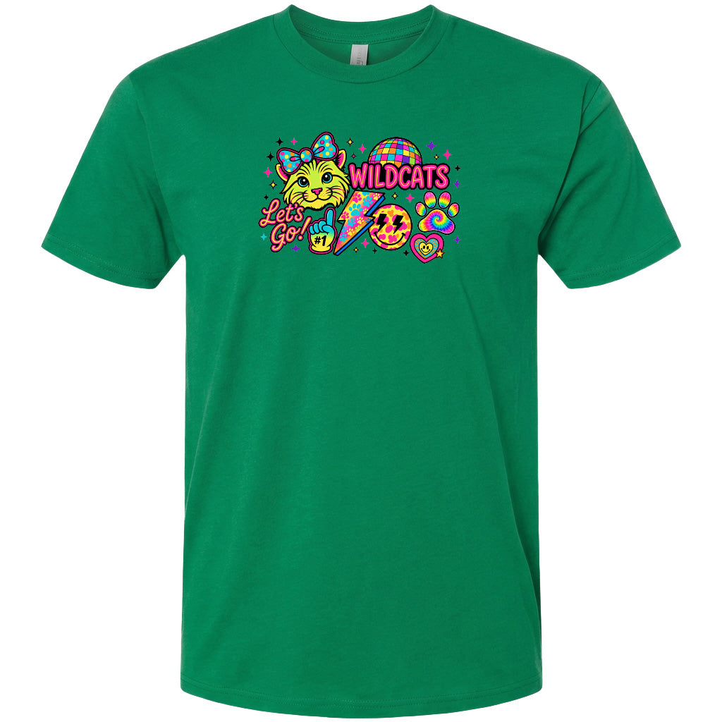A green t-shirt with a colorful graphic design featuring a cat, a smiley face, and various other elements.