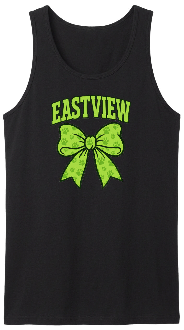 A black tank top with a green bow and paw prints printed on it.