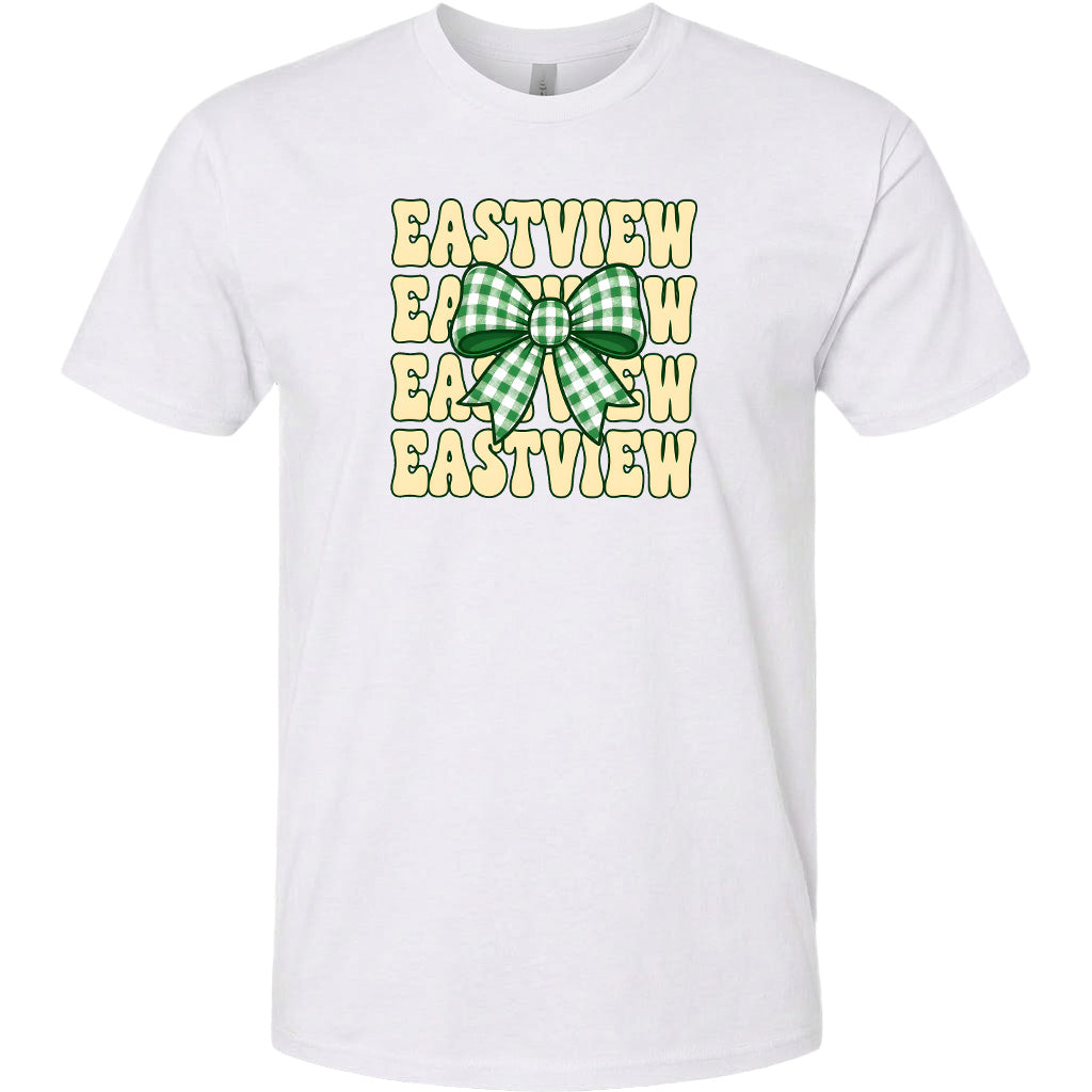 A white t-shirt with a graphic design featuring a green and white checkered bow and the word "EASTVIEW" repeated in a vertical pattern.