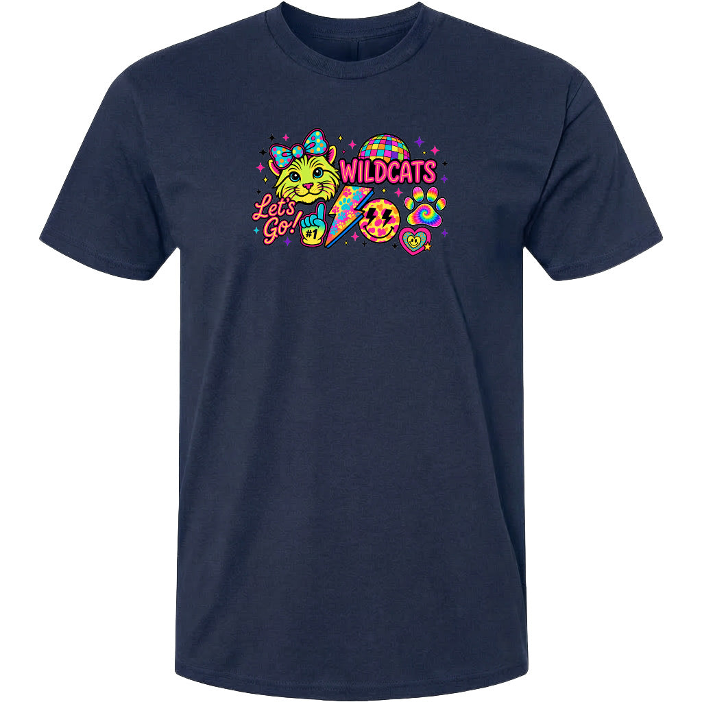 A navy blue t-shirt with a colorful graphic design featuring a cat, a rainbow, and various other elements.