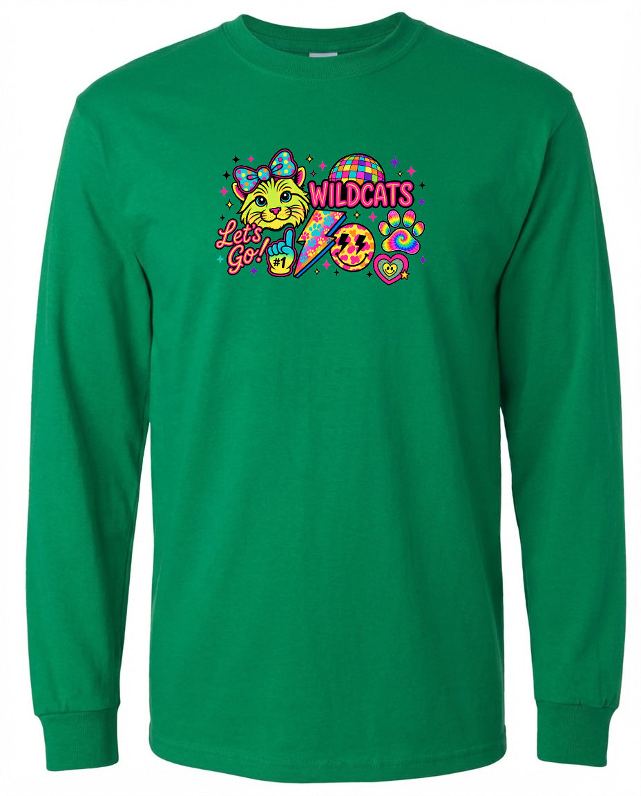 A green long-sleeved shirt with a colorful graphic design featuring a cat, a smiley face, and various other elements.