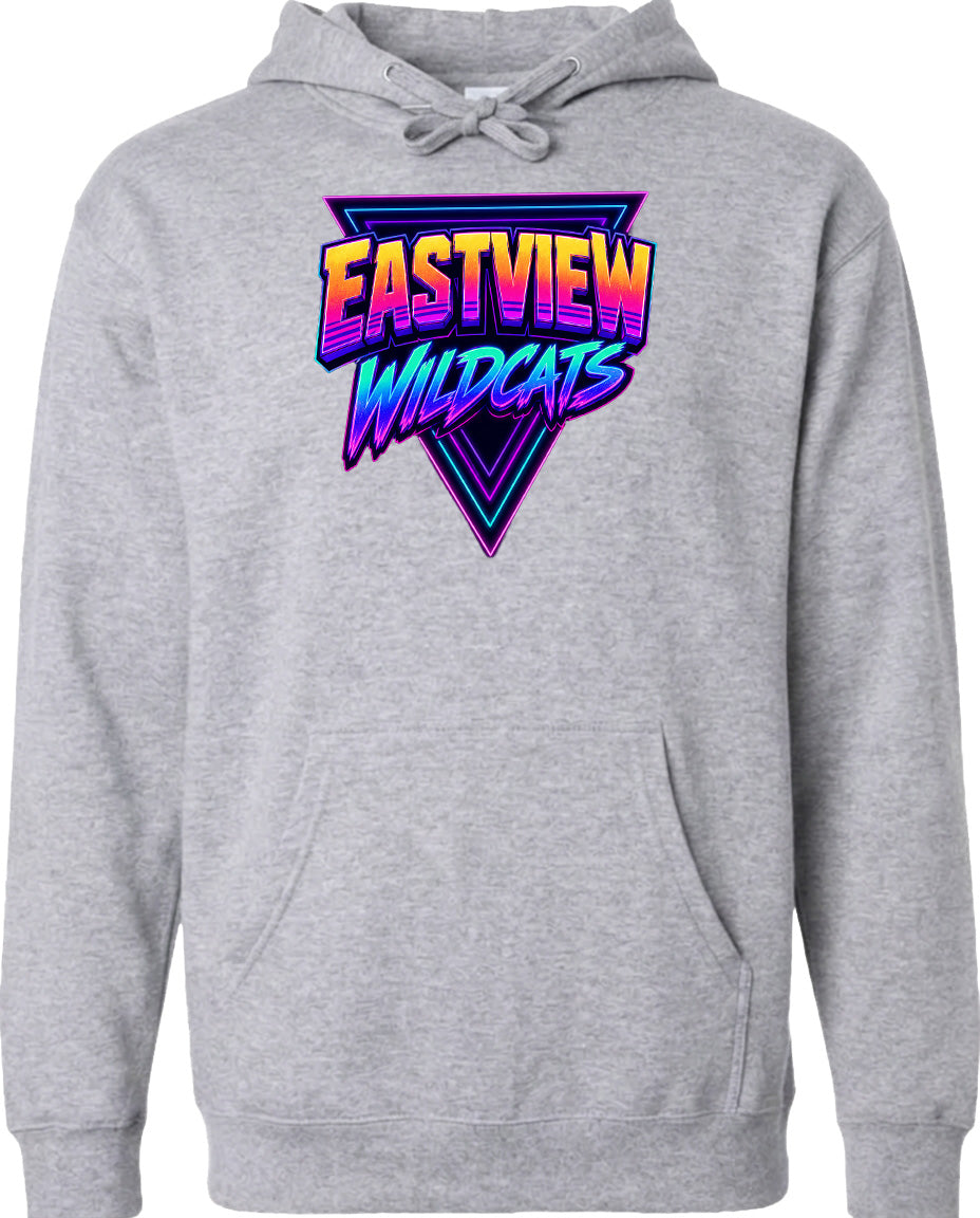 A gray hoodie with a graphic design featuring the text "EASTVIEW WILDCATS" in a colorful, retro-style font.