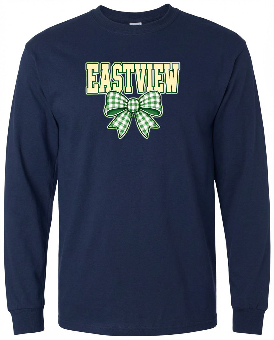A navy blue long-sleeved shirt with a green and white checkered bow and the word "EASTVIEW" printed on it.