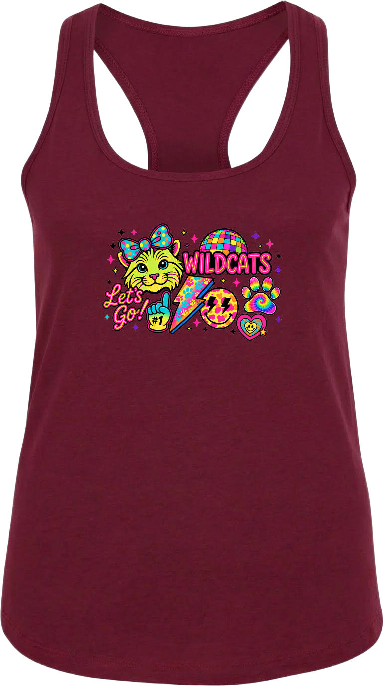 A burgundy tank top with a colorful graphic design featuring a cat, a peace sign, and the text "Let's Go" along with the word "Wildcats".