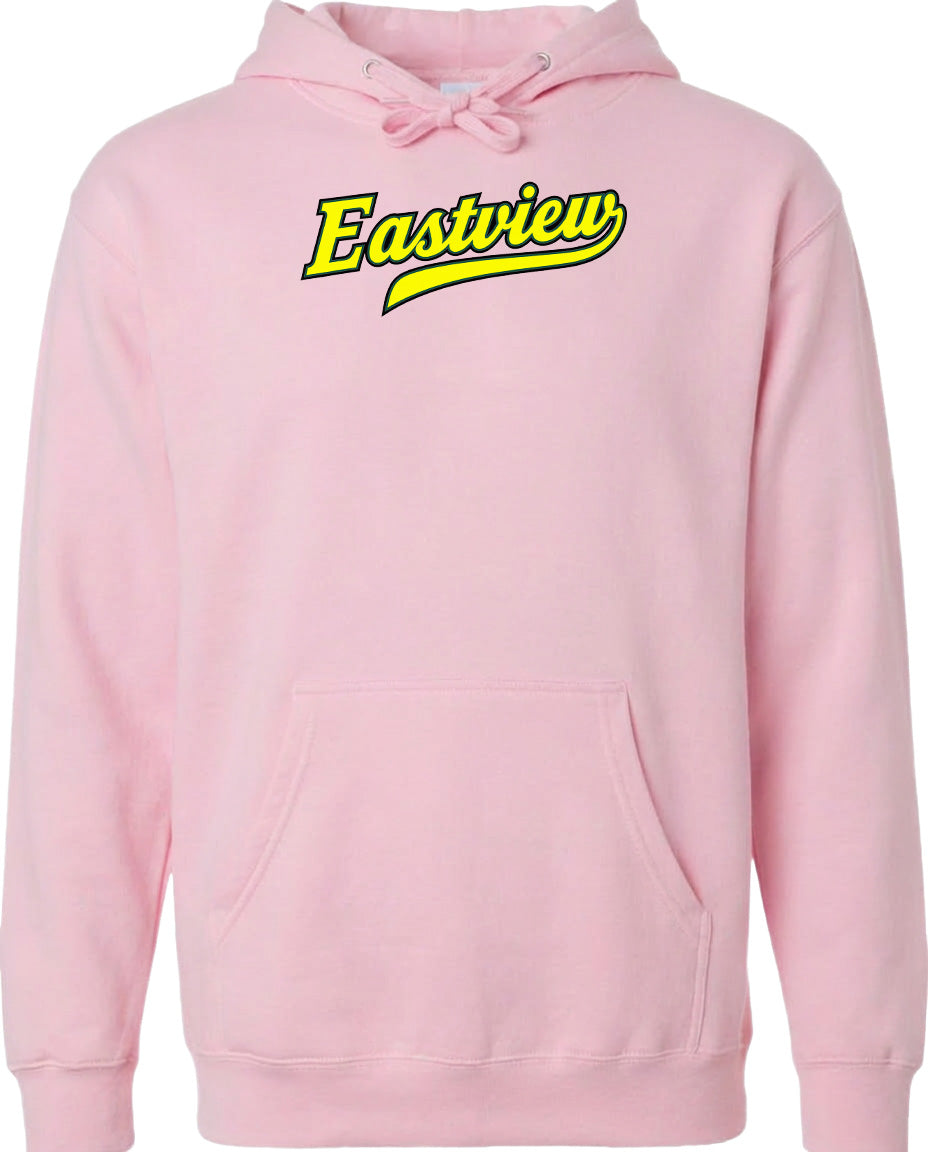 A pink hoodie with the word "Eastview" printed in yellow on the front.