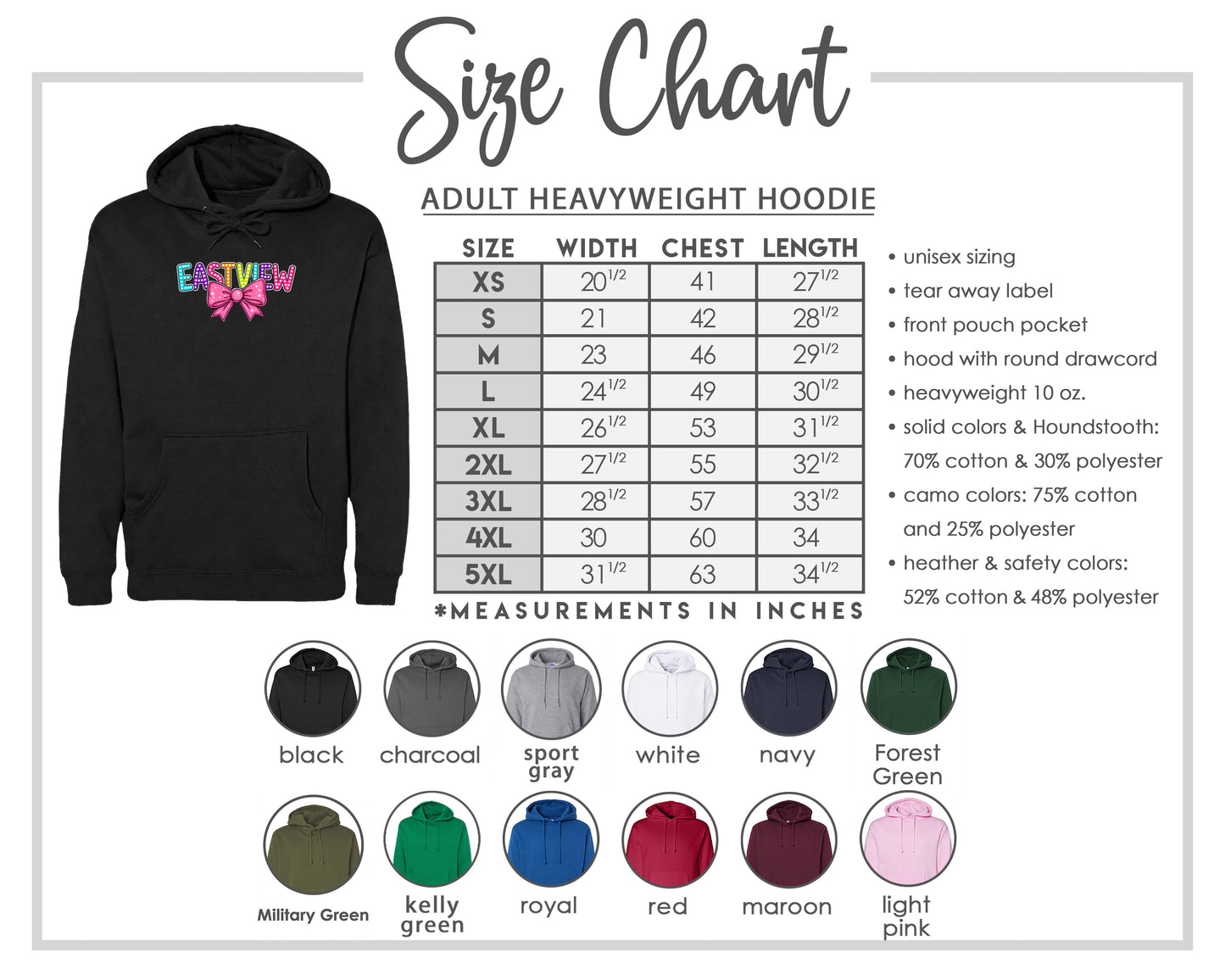 The image is a size chart for an adult heavyweight hoodie, including various color options and measurements in inches.