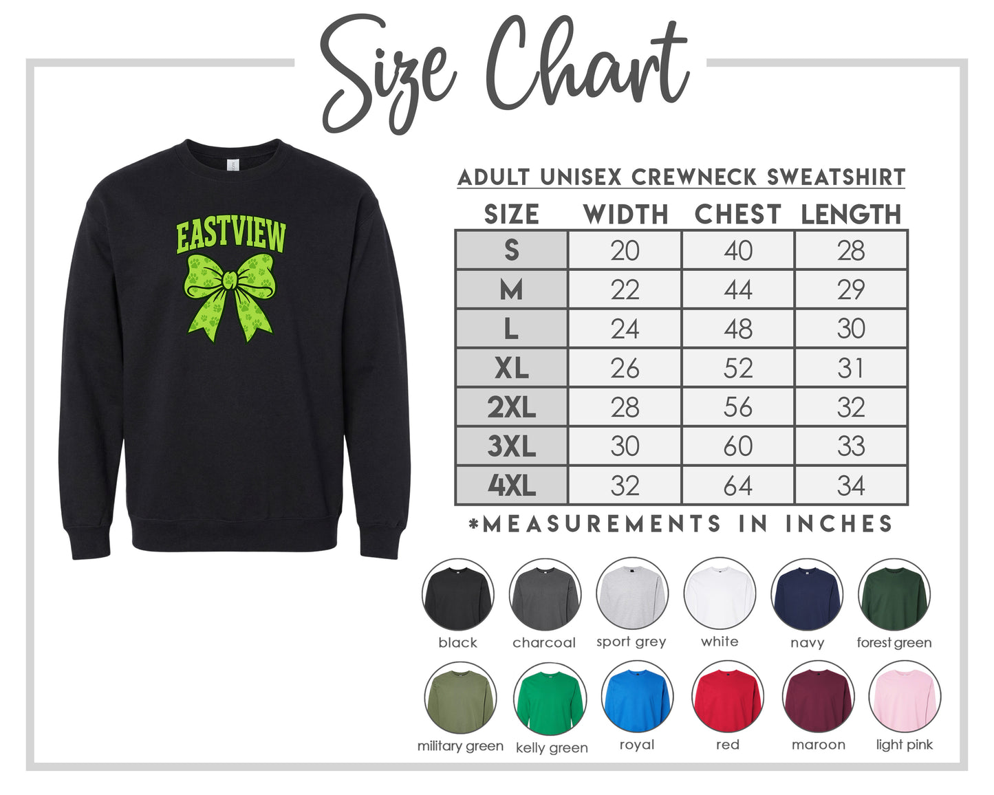 The image is a size chart for an adult unisex crew neck sweatshirt. It includes a black sweatshirt with a green bow and a table with size and color information for different sizes.