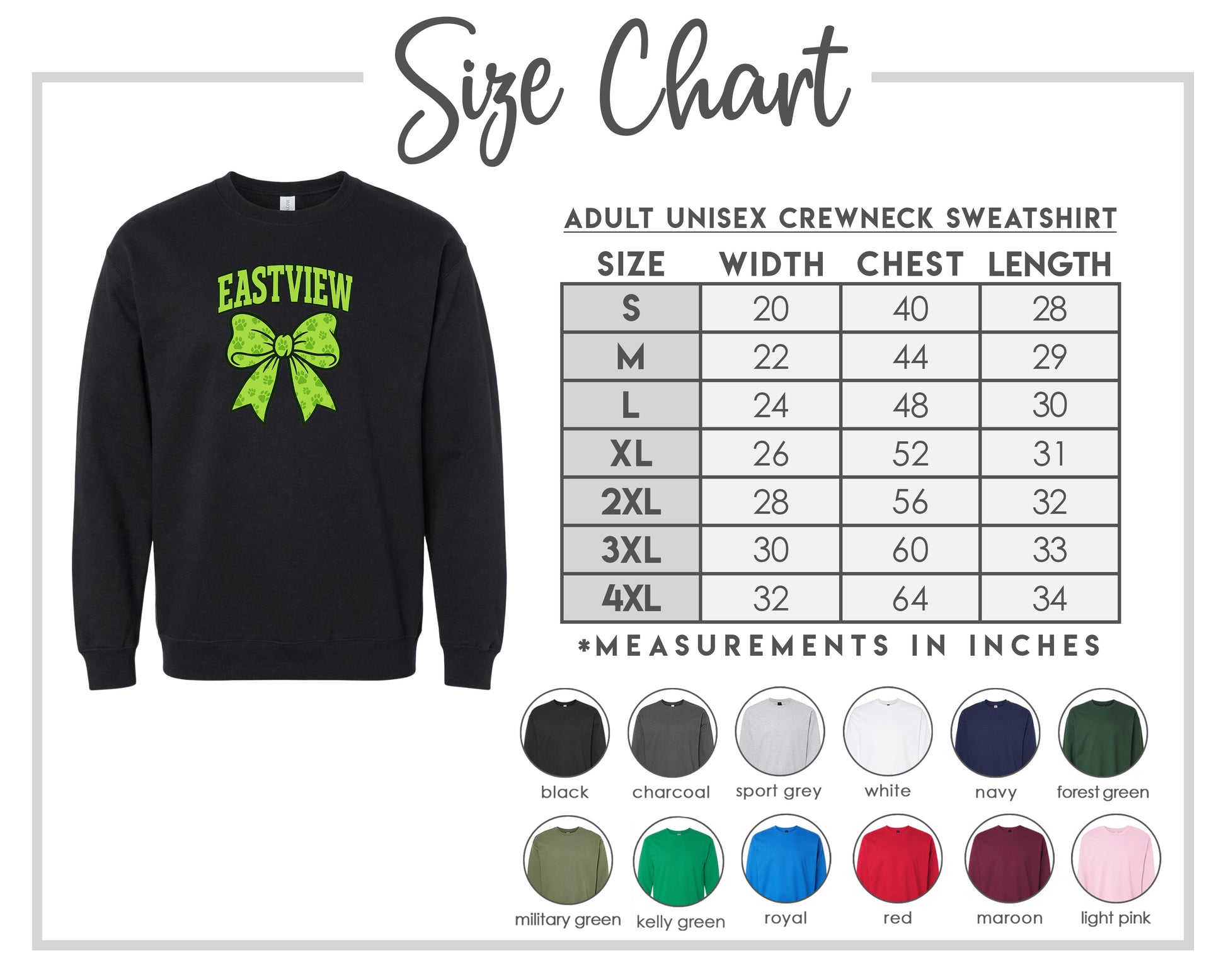 The image is a size chart for an adult unisex crew neck sweatshirt. It includes a black sweatshirt with a green bow and a table with size and color information for different sizes.