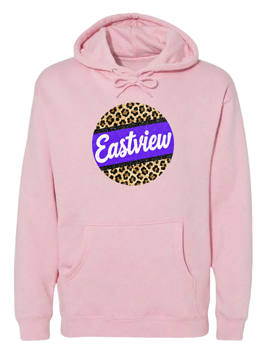 A pink hoodie with a leopard print design and the word "Eastview" printed on it.