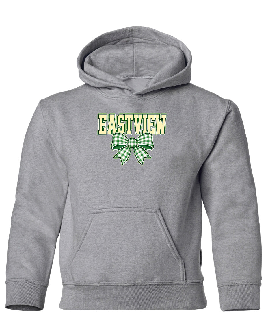 A gray hoodie with a green and white bow on the front.