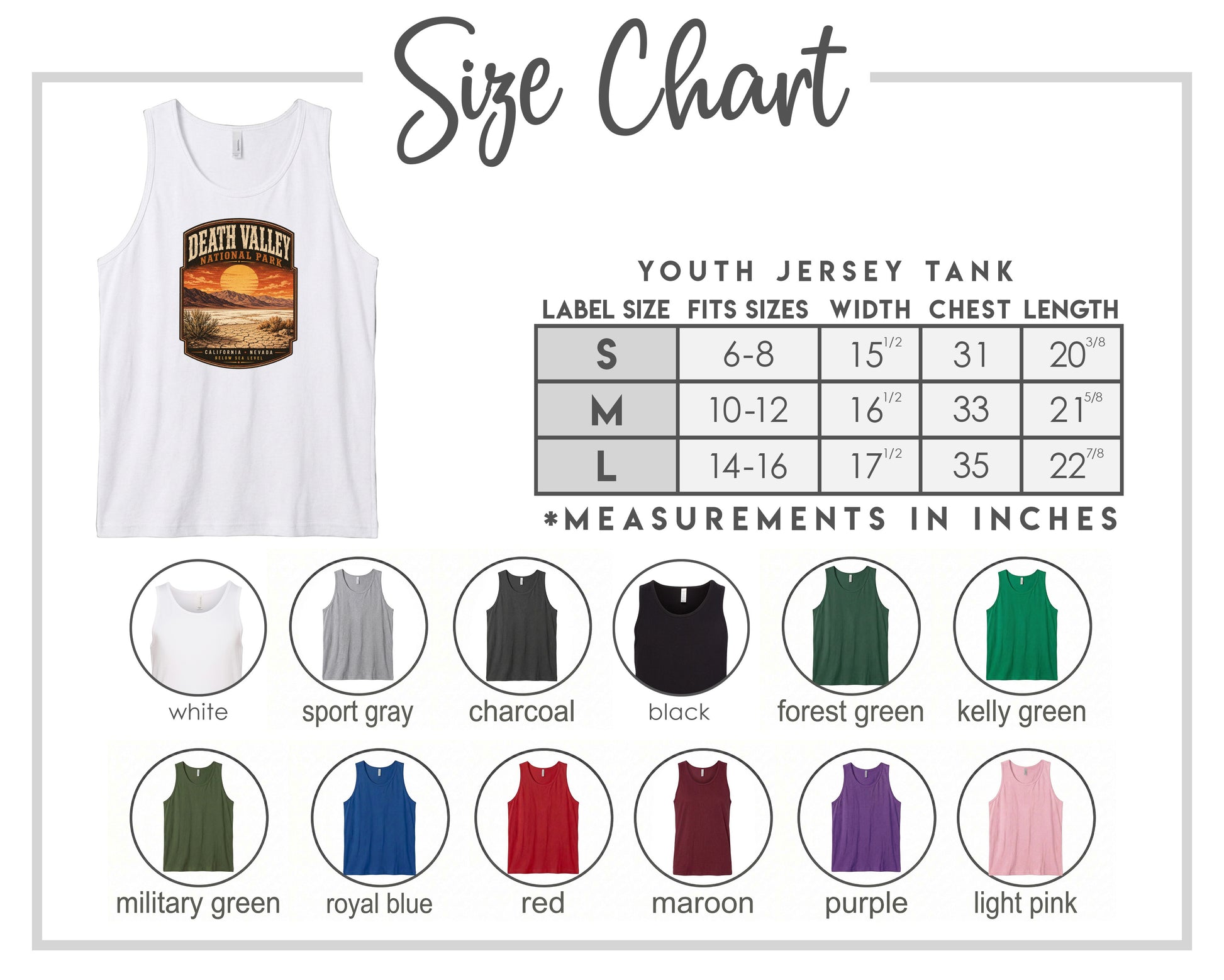 The image is a size chart for a youth jersey tank, displaying various label sizes and corresponding chest measurements. The chart includes a white tank with a graphic design and a list of sizes and measurements.