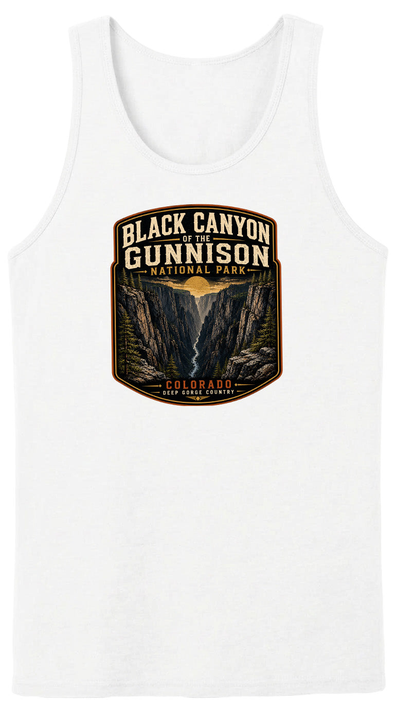 A white tank top with a graphic design depicting the Black Canyon of the Gunnison National Park in Colorado.