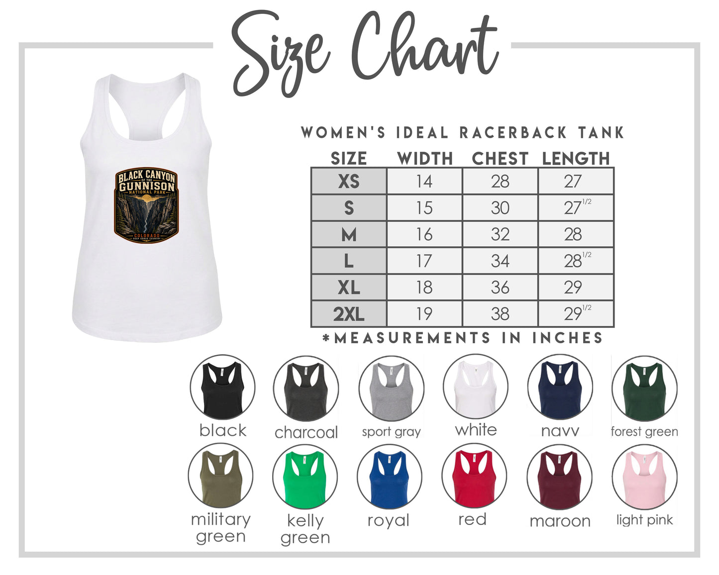 The image is a size chart for a women's ideal racerback tank, including a white tank with a graphic and a table with size and color options.
