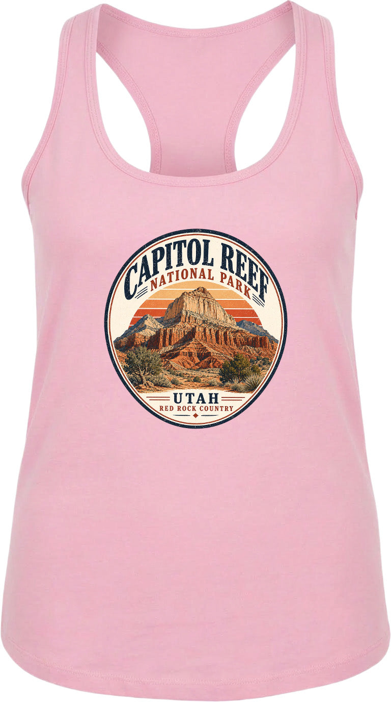 A pink tank top with a circular graphic design featuring the Capitol Reef National Park in Utah.