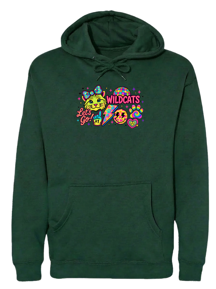 A green hoodie with a colorful graphic design featuring a cat, a smiley face, and the text "Wildcats" along with a heart symbol.