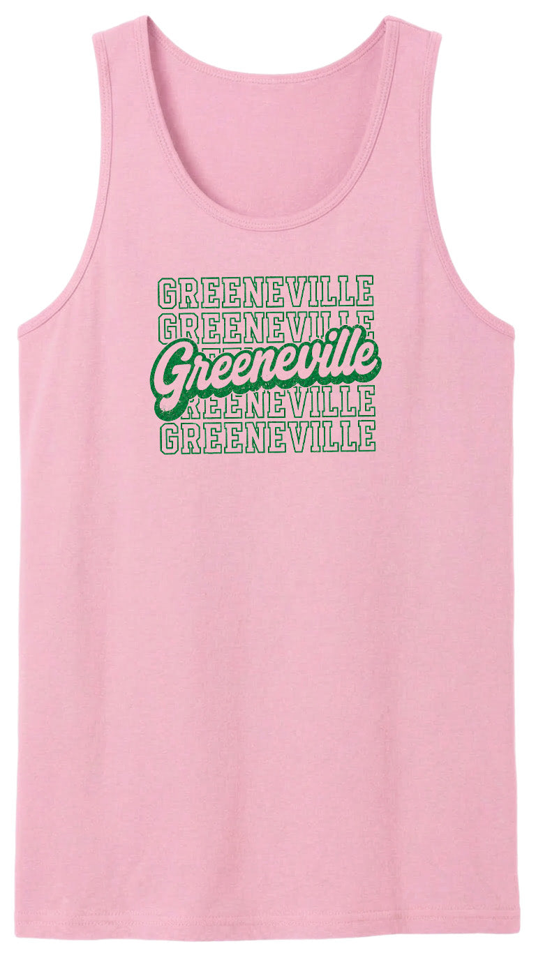 A pink tank top with the text "Greeneville Greeneville Greeneville" printed on it in a stylized font.