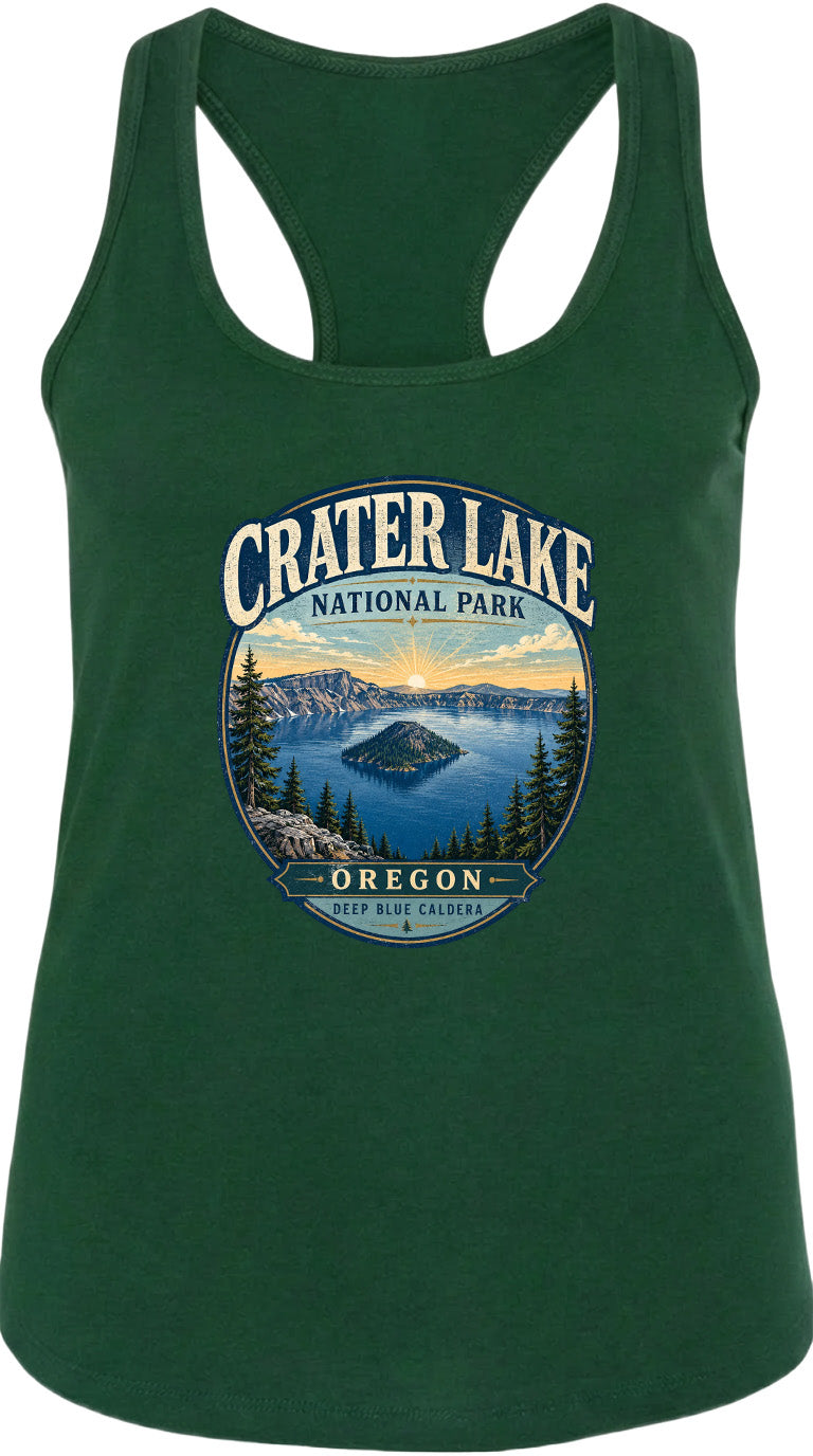 A green tank top with a graphic design depicting Crater Lake National Park in Oregon.