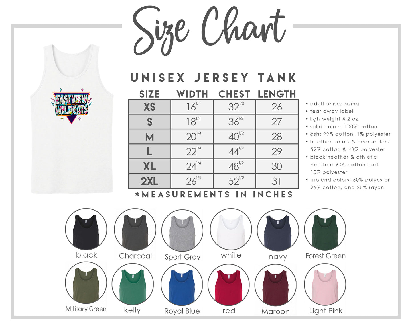 The image is a size chart for a unisex jersey tank, providing measurements and corresponding tank sizes for different chest lengths.