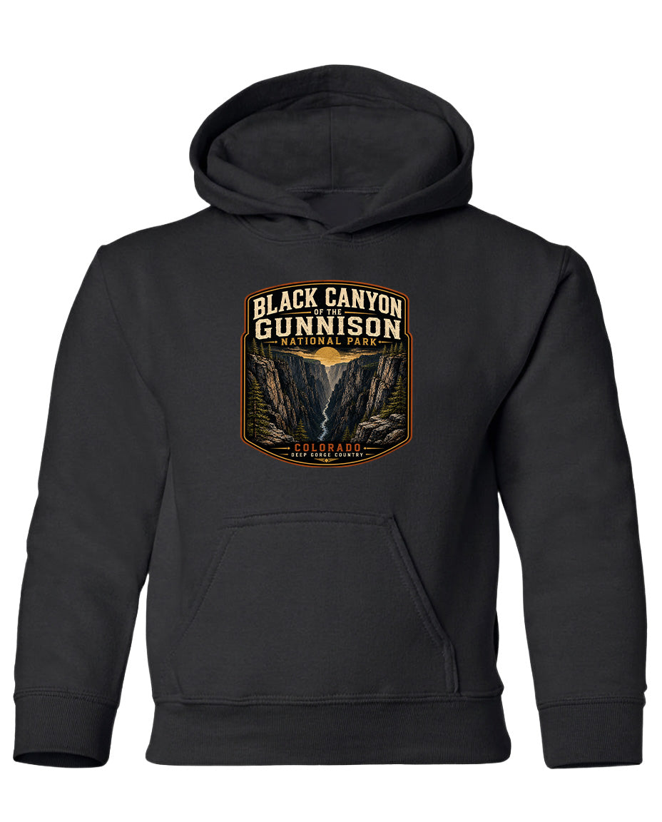A black hooded sweatshirt with a graphic design depicting the Black Canyon of the Gunnison National Park.