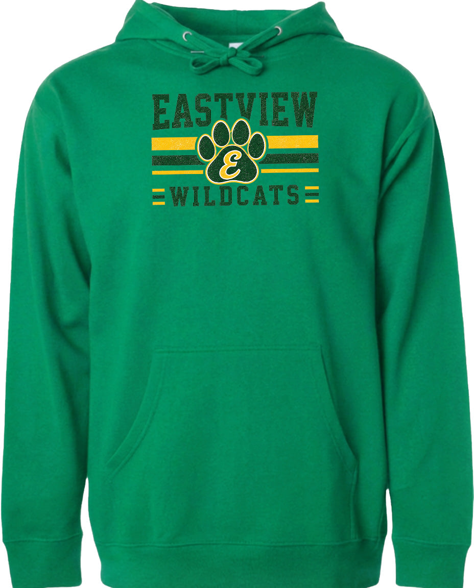 A green hoodie with a graphic design featuring a paw print and the text "EASTVIEW WILDCATS" printed on it.
