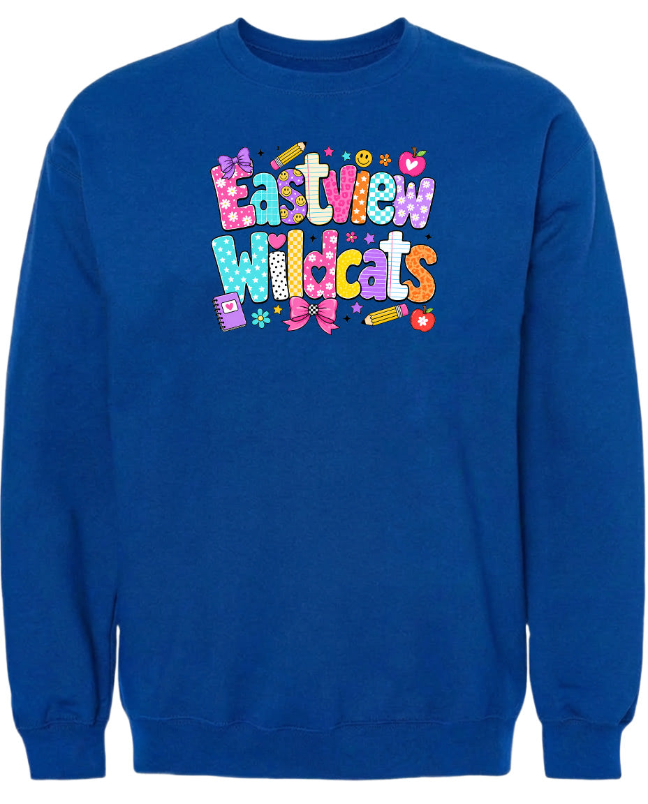 A blue sweatshirt with the text "Eastview Wildcats" printed on it.