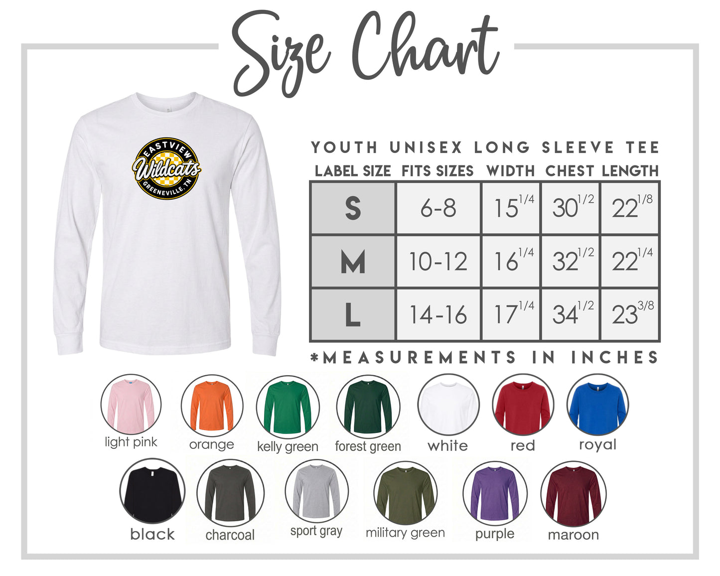 The image is a size chart for a youth unisex long sleeve tee, including various color options and corresponding measurements.