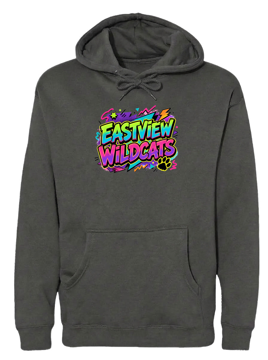 A gray hoodie with a colorful graphic design on the front.