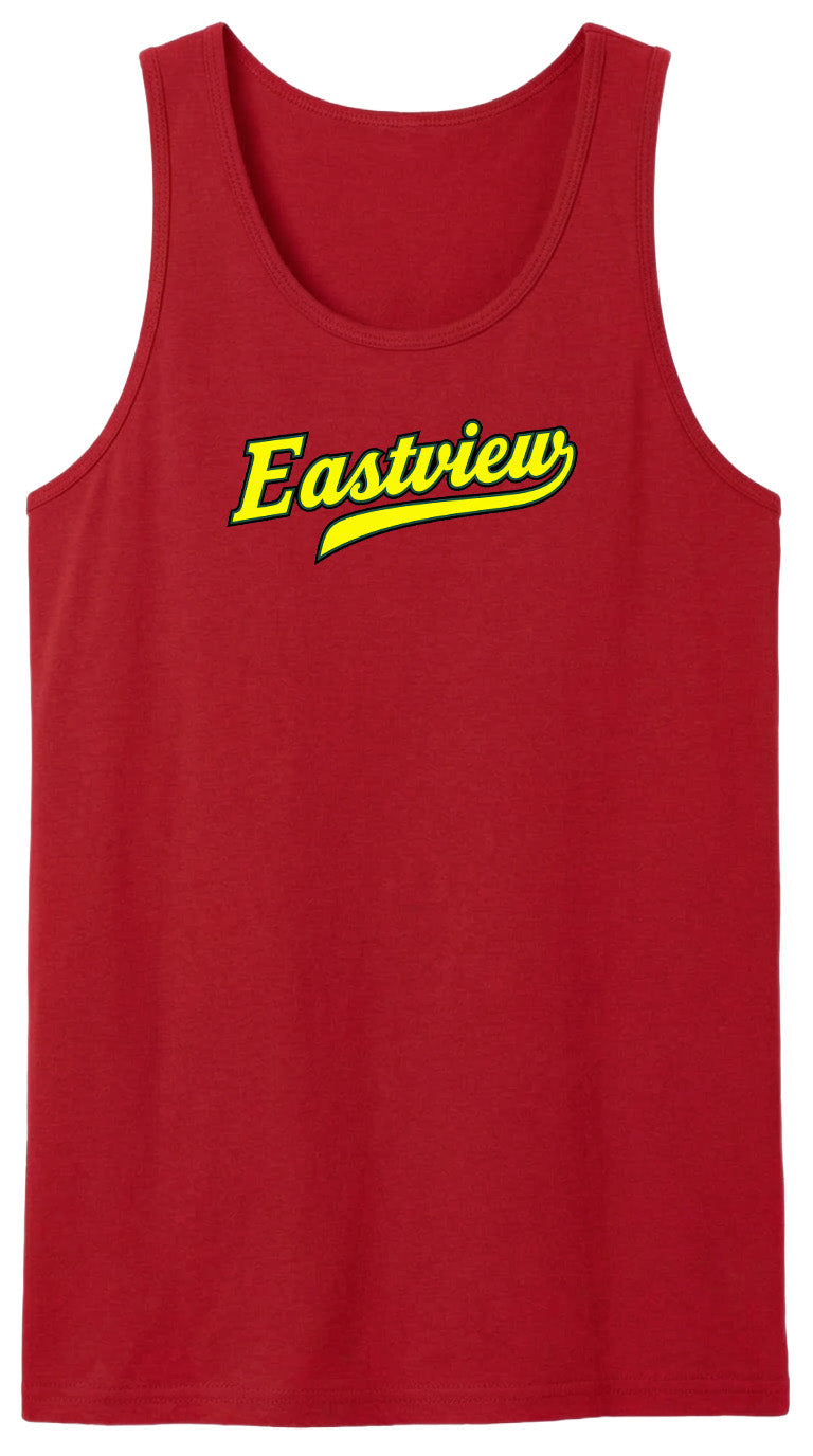 A red tank top with the word "Eastview" printed in yellow on it.