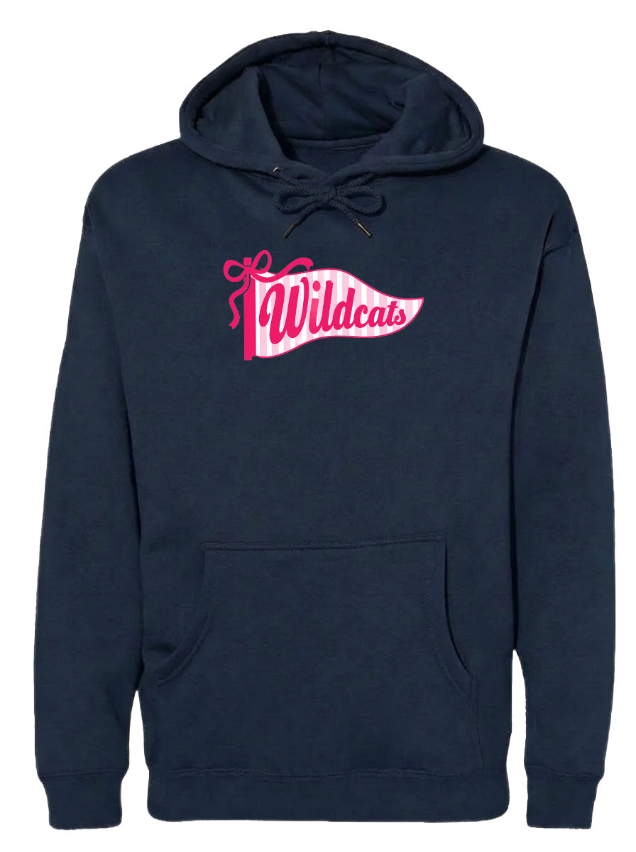 A navy blue hoodie with a pink banner that says "Wildcats" on it.
