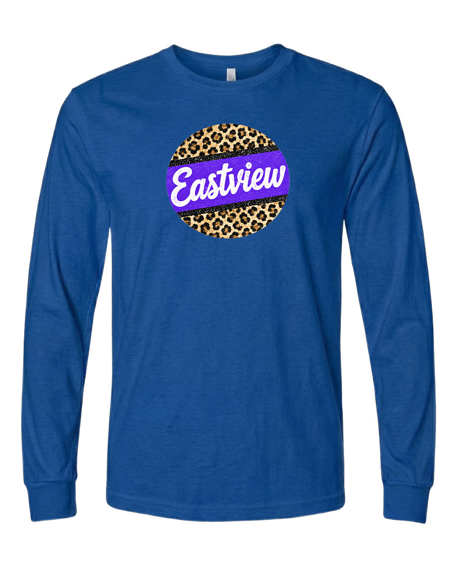 A blue long-sleeved t-shirt with a leopard print design and the word "Eastview" printed on it.
