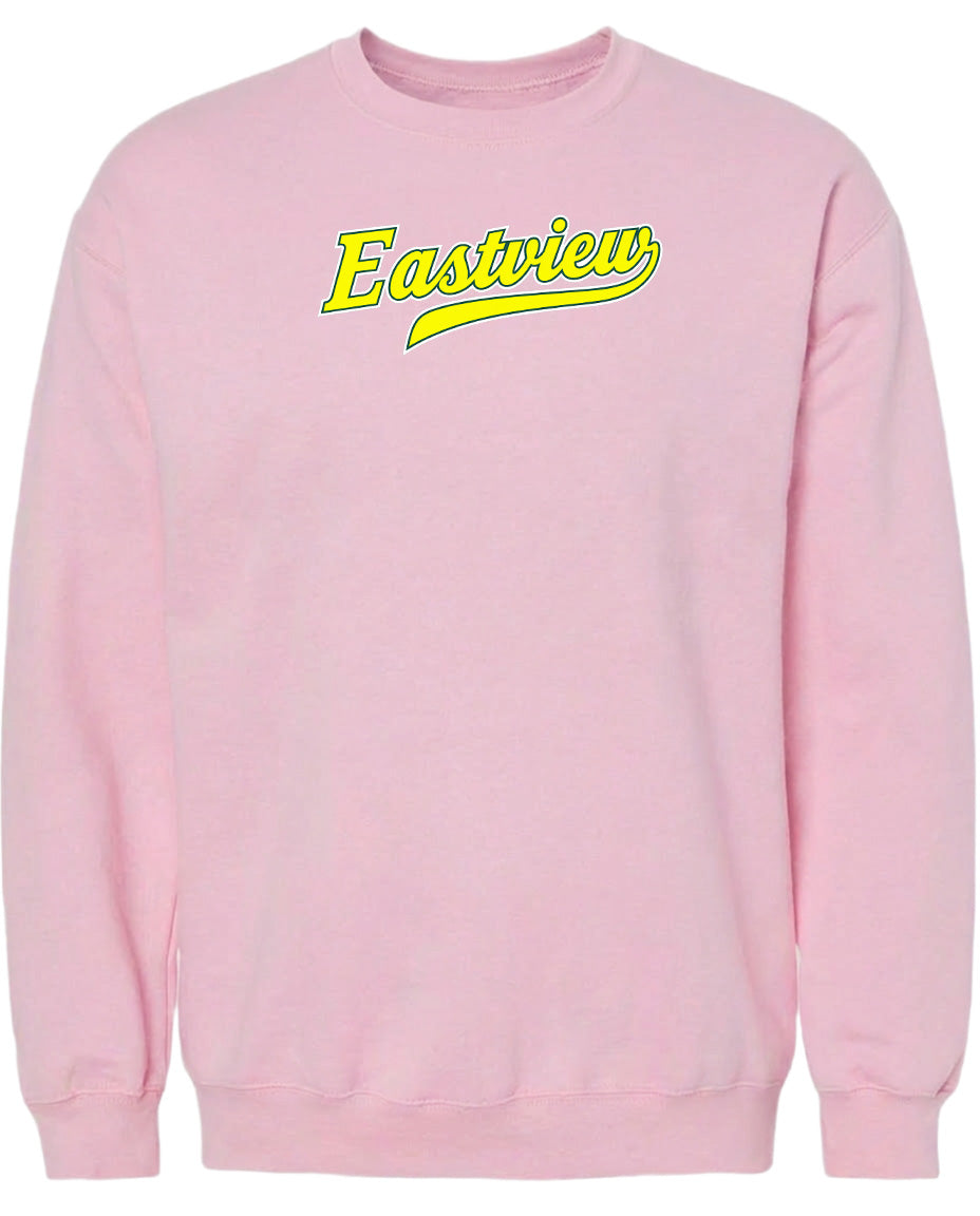 A pink sweatshirt with the word "Eastview" printed in yellow on the front.