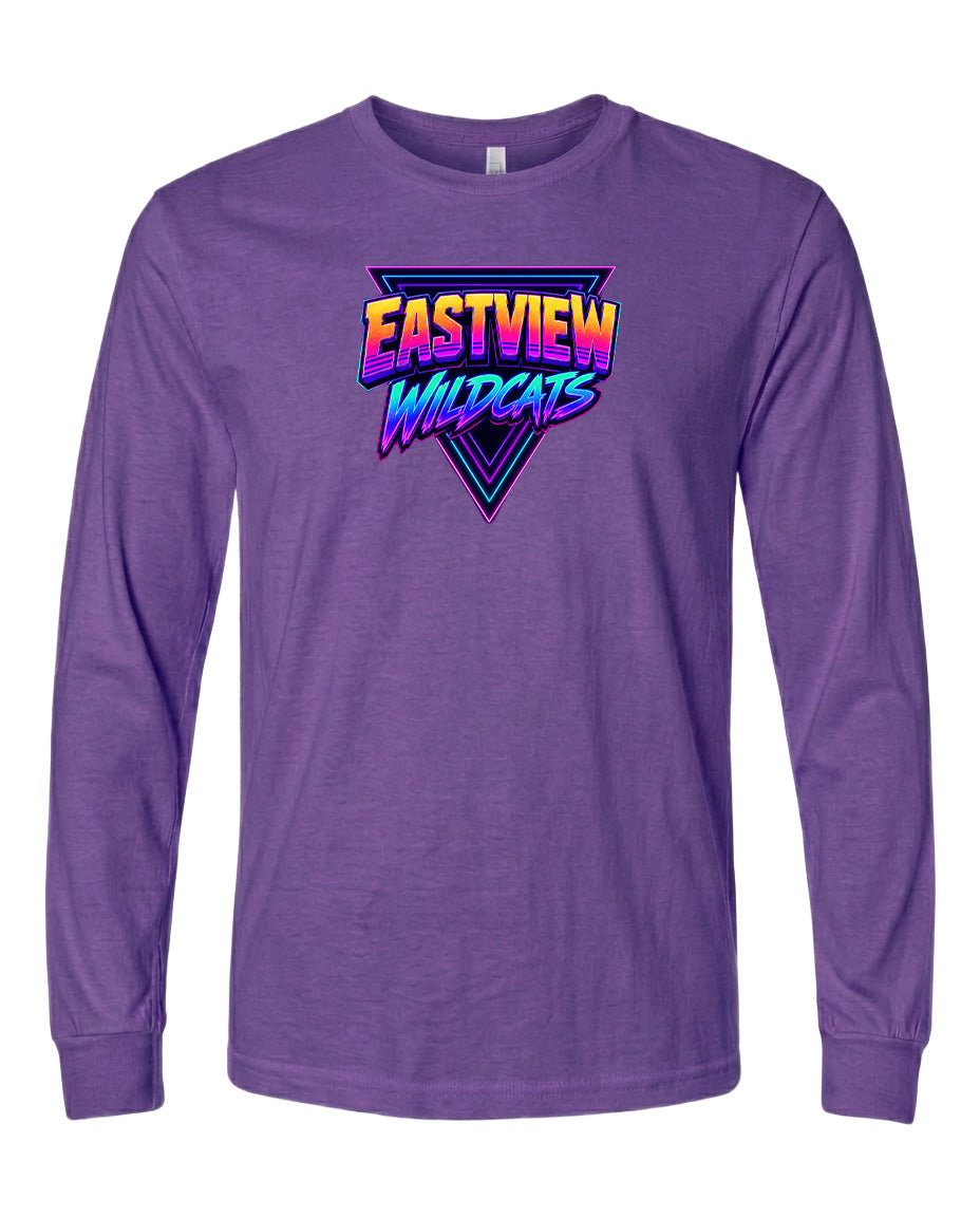 A purple long-sleeved t-shirt with a graphic design featuring the text "EASTVIEW WILDCATS" in a stylized font.