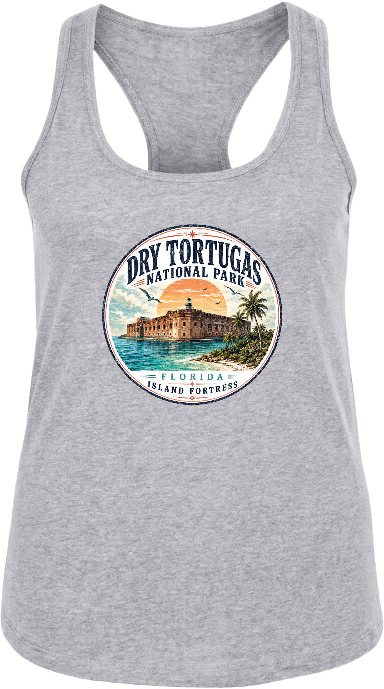 A gray tank top with a circular graphic design featuring the Dry Tortugas National Park in Florida, including a lighthouse and a tropical beach scene.