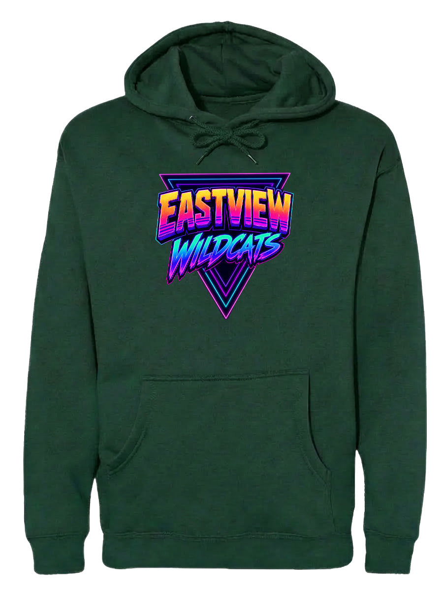 A green hoodie with a graphic design featuring the text "EASTVIEW WILDCATS" in a colorful, retro-style font.