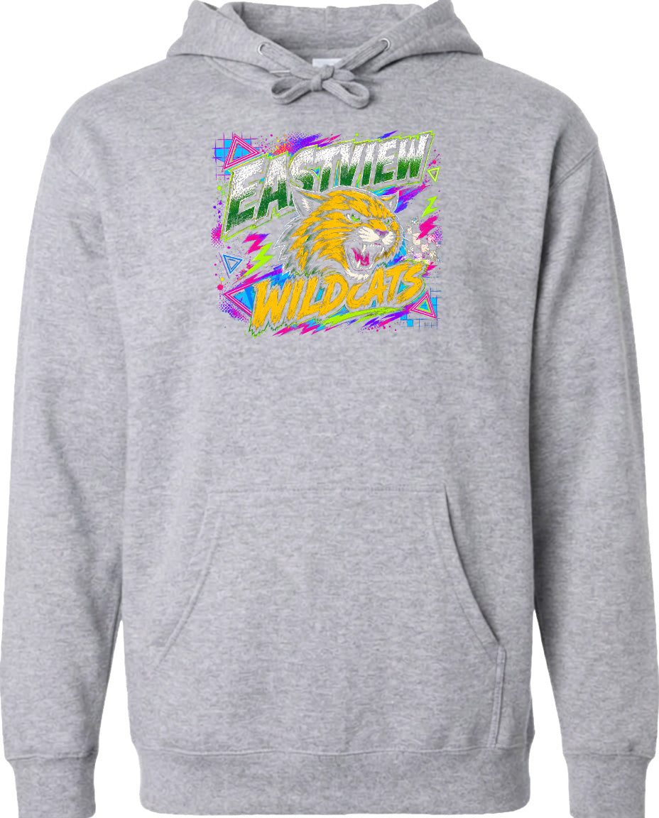 A gray hoodie with a graphic design featuring a cartoon-like tiger or wildcat with a colorful, retro-style background.