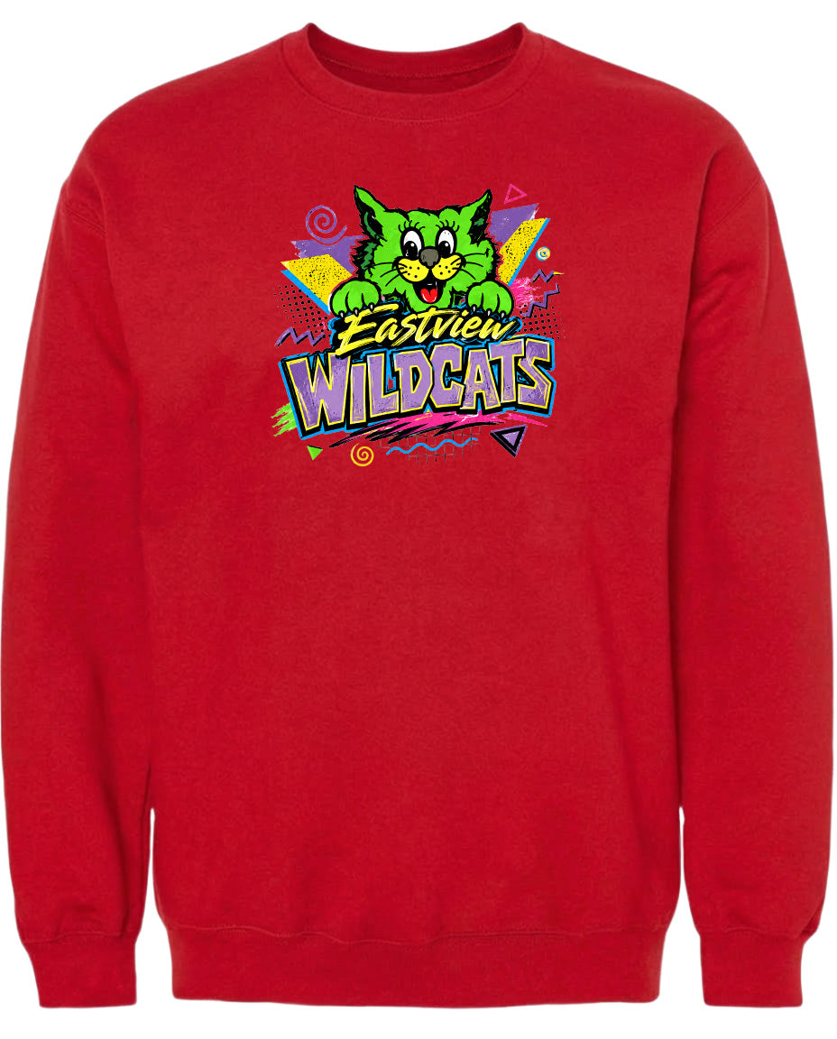 A red sweatshirt with a colorful graphic design featuring a cartoon cat and the text "Eastview Wildcats".