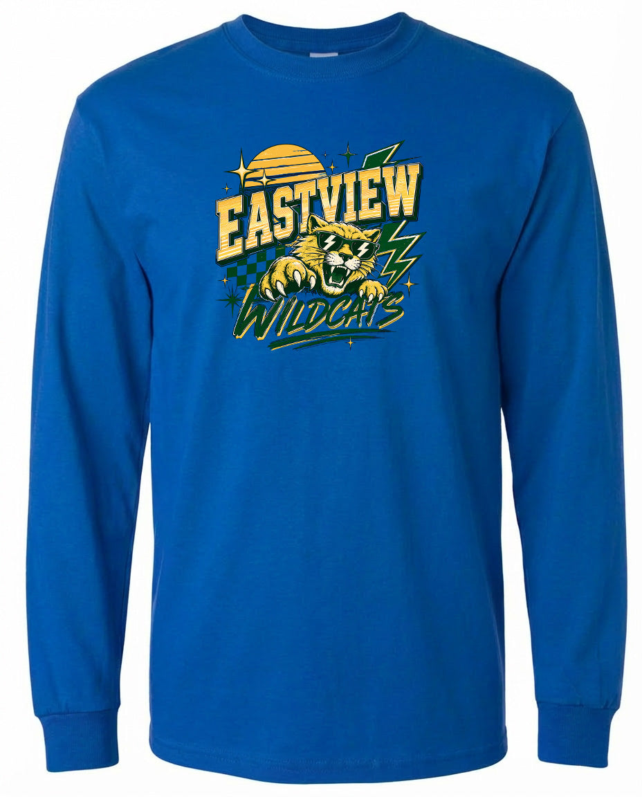 A blue long-sleeved t-shirt with a graphic design featuring a fierce-looking wildcat and the text "EASTVIEW WILDCATS" printed on it.