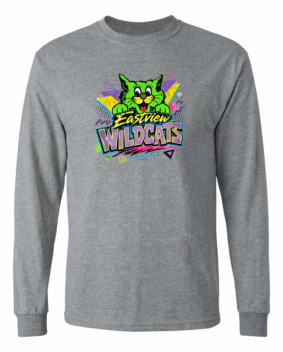 A gray long-sleeved t-shirt with a colorful graphic design featuring a cartoon cat and the text "Eastview Wildcats".