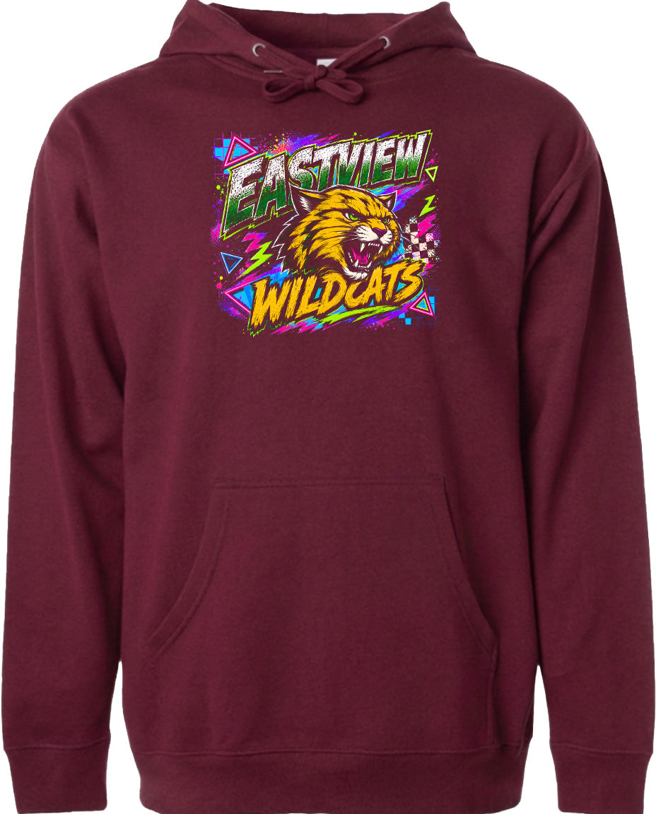 A burgundy hoodie with a graphic design featuring a cartoon-like wildcat and the text "EASTVIEW WILDCATS".
